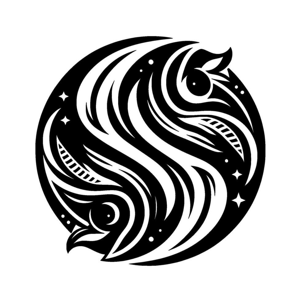 Abstract Yin Yang Fusion Black and White with WaveLike Elements and Star Accents, Reflecting Harmony and Balance. vector