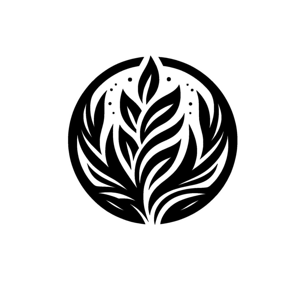 Intricate black and white botanical illustration a stylized leaf arrangement encircled, evoking natures balance on a minimalist white canvas. vector