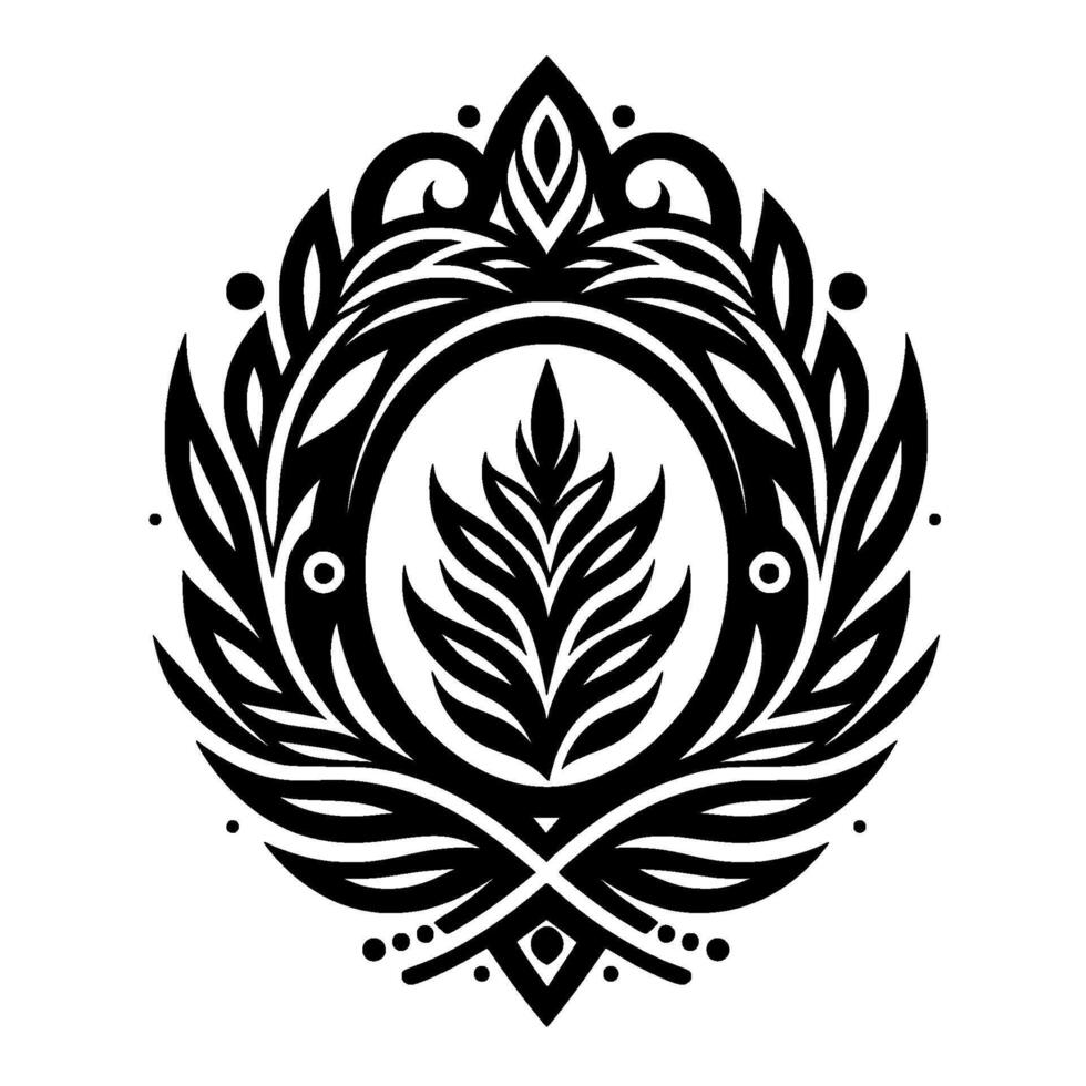 Intricate Black and White Floral Emblem A symmetrical featuring stylized leaves, geometric shapes, and an elegant circular frame, rendered in high contrast on a white background. vector