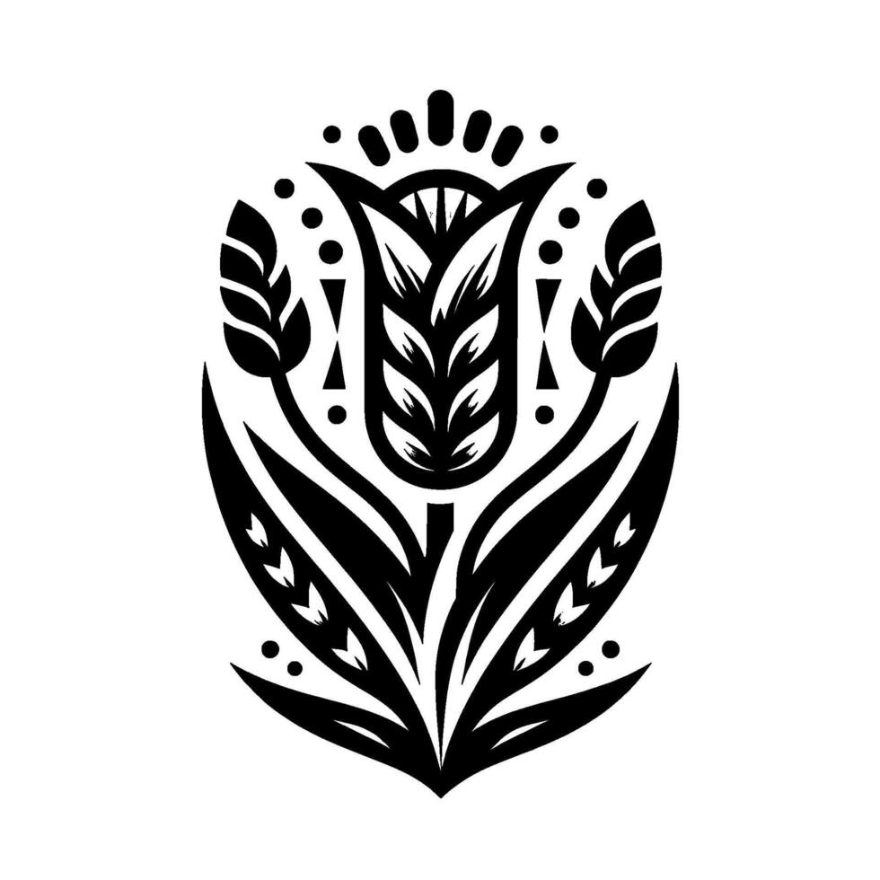 An elegant, stylized black and white floral emblem, featuring a central tuliplike blossom with detailed leaves, flanked by wheat stalks, all within a symmetrical, decorative framework. vector