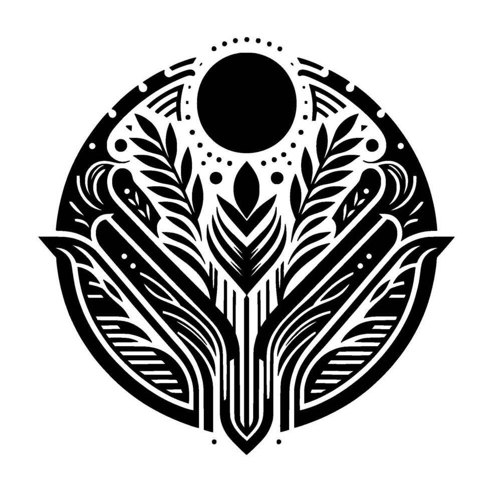 Intricate Black and White Circular Mandala with Leaf and Sun Elements, Featuring Detailed Patterns and a Geometric Aesthetic. vector
