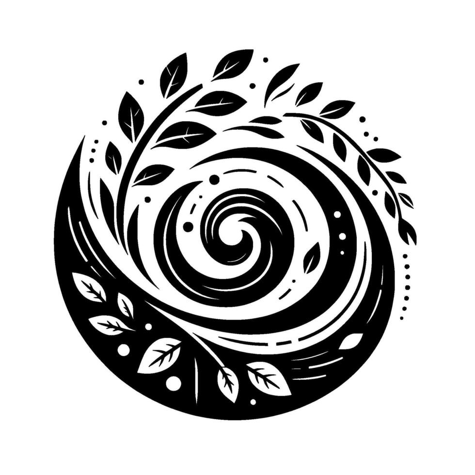 Abstract Black and White Circle Design Botanical elements intertwine with swirling vortex, creating a balanced composition with leaf accents and dot details. vector