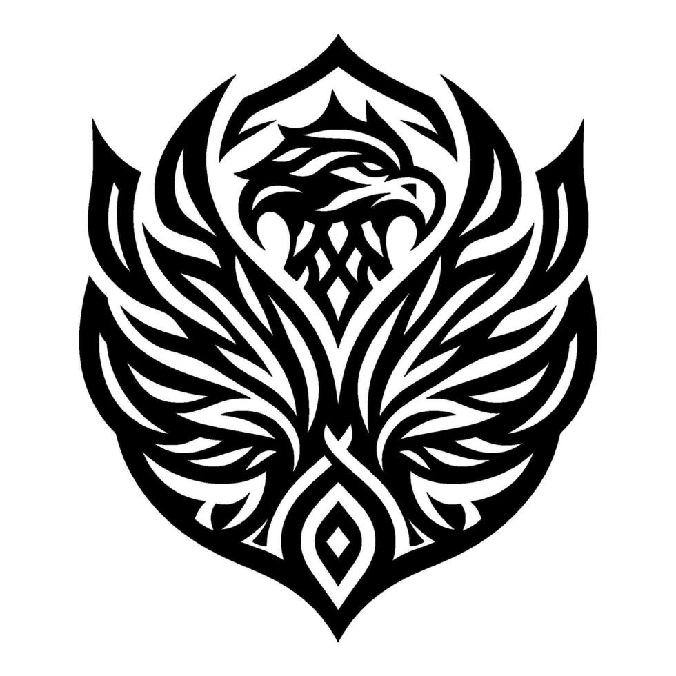 Intricate Black and White Eagle Crest A Stylized Tribal with Majestic Wings and Fierce Gaze, Against a Clean White Background. vector