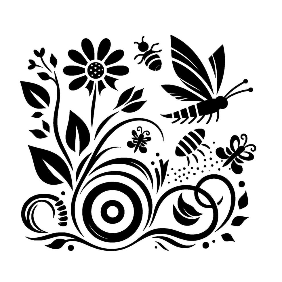 A stylized black and white illustration of a garden scene, featuring a sunflower, leaves, whimsical bees and butterflies within a floral pattern. vector
