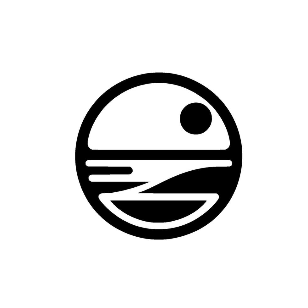 Circular minimalist depicting a stylized seaside landscape with sun and water, framed by a black outline against white. vector