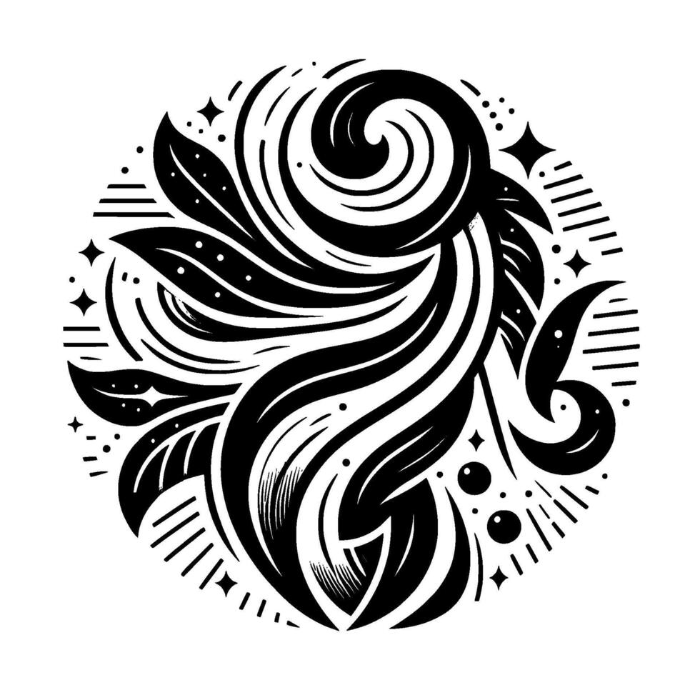 Circular Black and White Floral with Swirls, Leaves, Dots, and Starbursts, in a Decorative Abstract Style. vector
