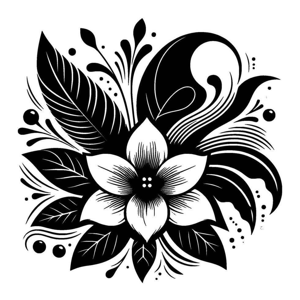 Elegant Black and White Floral Design Detailed botanical illustration featuring a stylized flower and surrounding decorative elements. vector