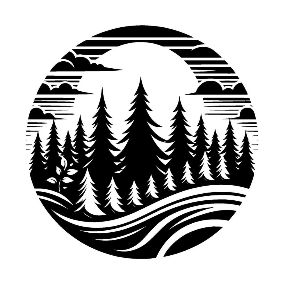 A minimalist black and white illustration, showcasing a forest scene within a circular frame, featuring trees, clouds, and a stylized landscape with a serene and tranquil ambiance. vector