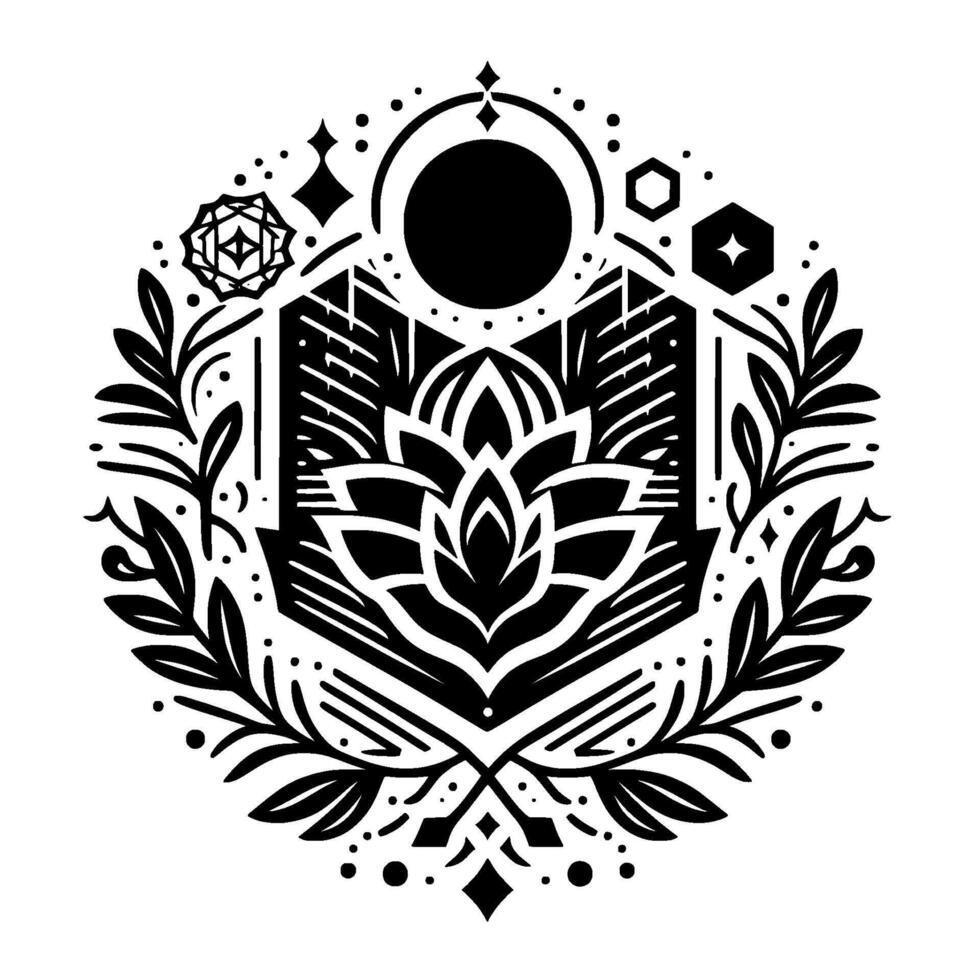 Intricate black and white circular symmetrical artwork of a stylized lotus flower within a geometric and botanical composition, with celestial elements. vector