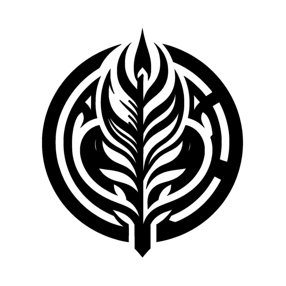 Abstract black and white botanical emblem with a central stylized leaf enclosed within a circular, mazelike pattern, exuding modern elegance. vector