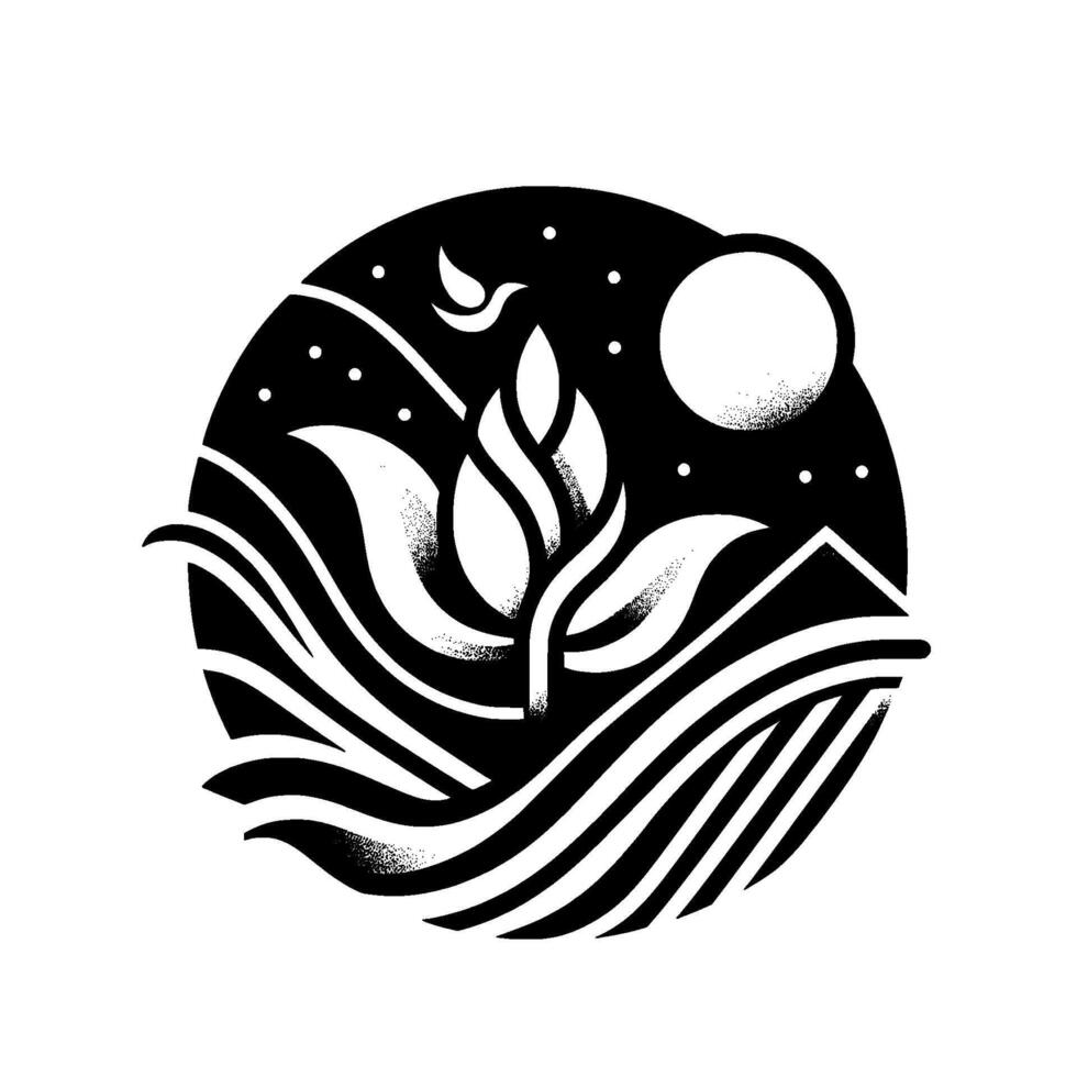 A stylized circular of a blossoming plant in a night landscape, featuring a dove, moon, stars, and flowing lines, creating a serene monochrome aesthetic. vector