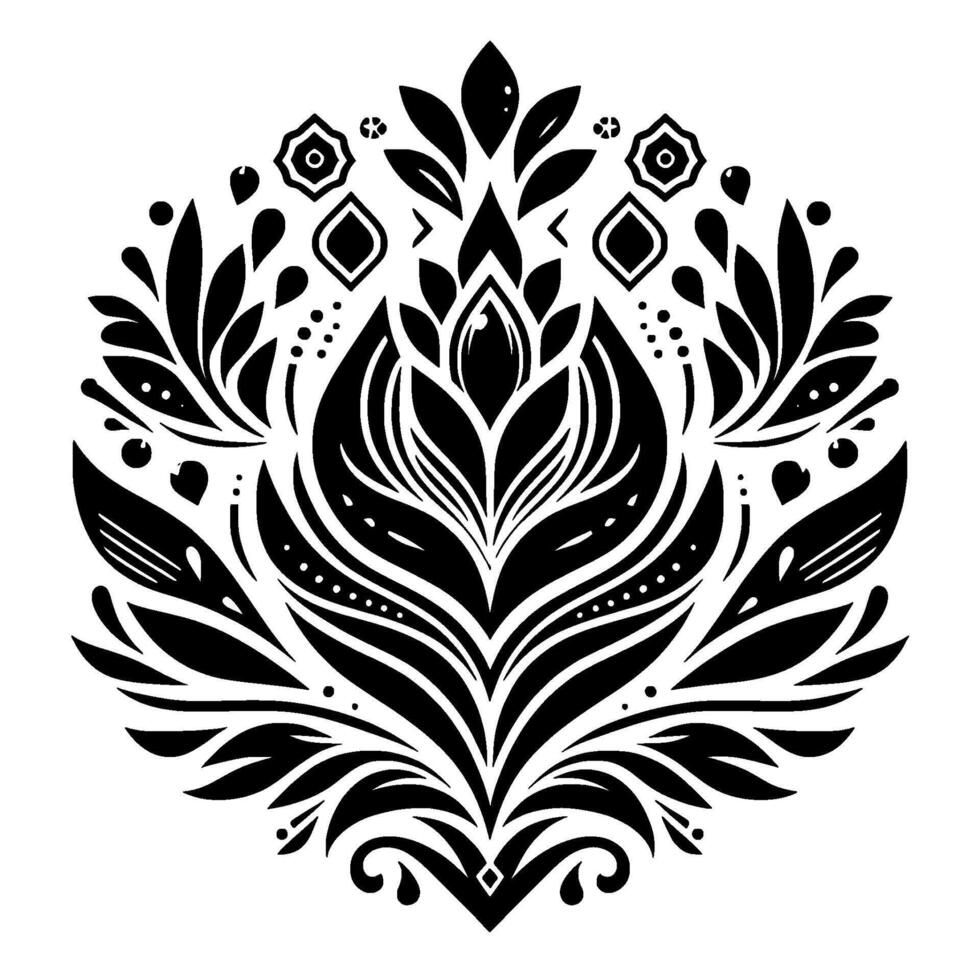 Intricate Floral Mandala in Black and White A symmetrical featuring a central stylized flower, surrounded by leaves and geometric elements, creating a harmonious and elegant composition. vector