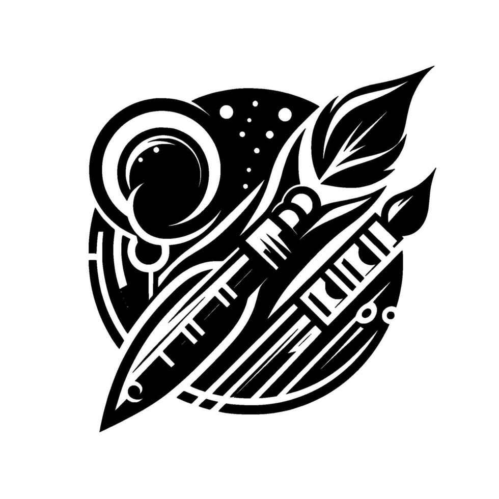 Black and white artistic emblem featuring a stylized paint brush, pen, leaf, and celestial elements within a circular composition. vector