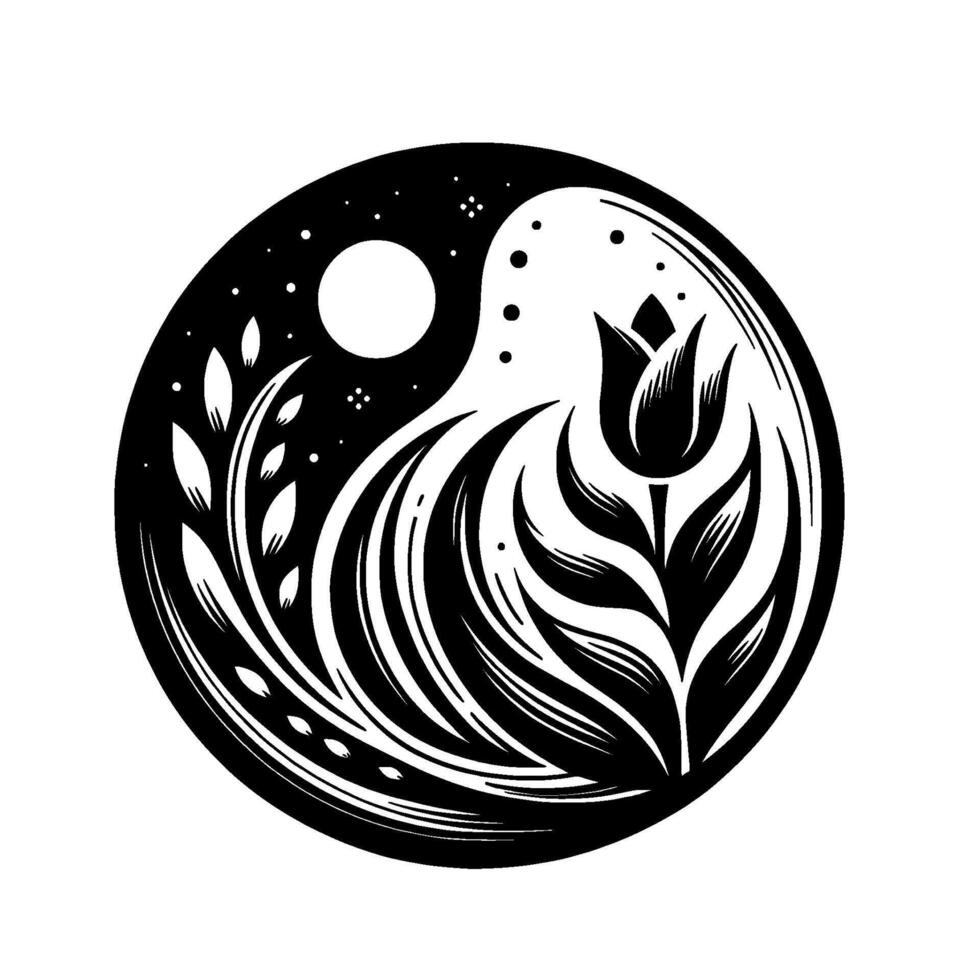 Yin Yang Symbol with Botanical Elements A stylized illustration of a Yin Yang, composed of night sky with a moon and stars, and a plantlike form with a tulip flower in the other section. vector