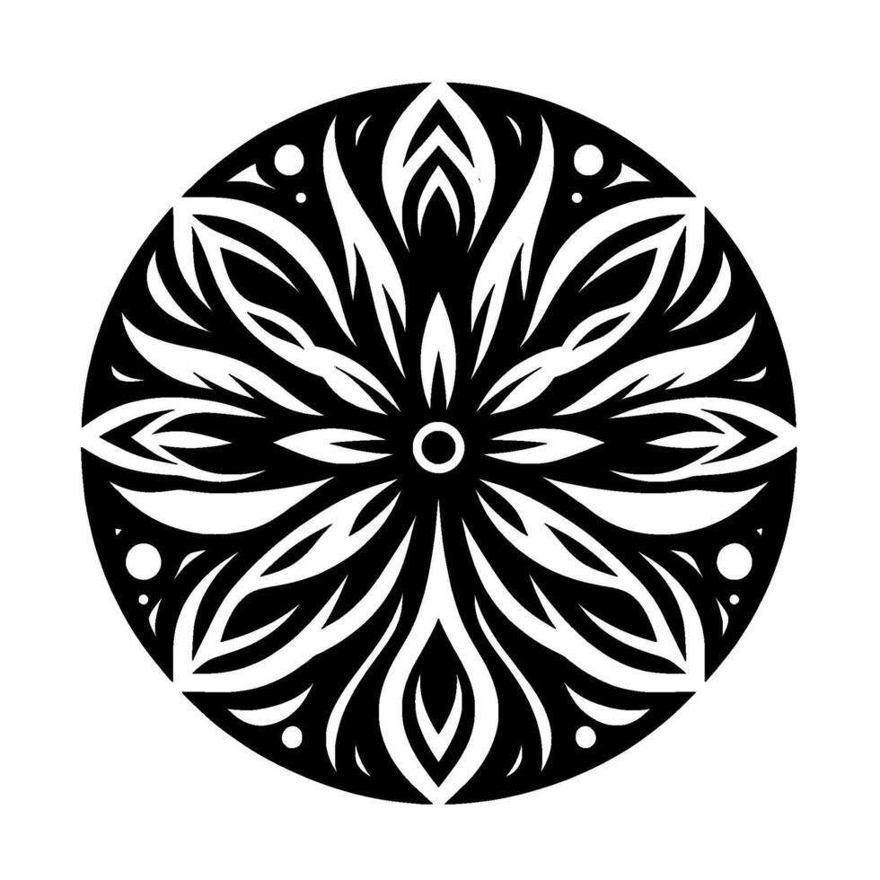 Intricate Black and White Mandala Design, Featuring Symmetrical Floral Pattern with Curved Lines and Dot Accents, Set Against a Clean White Background. vector