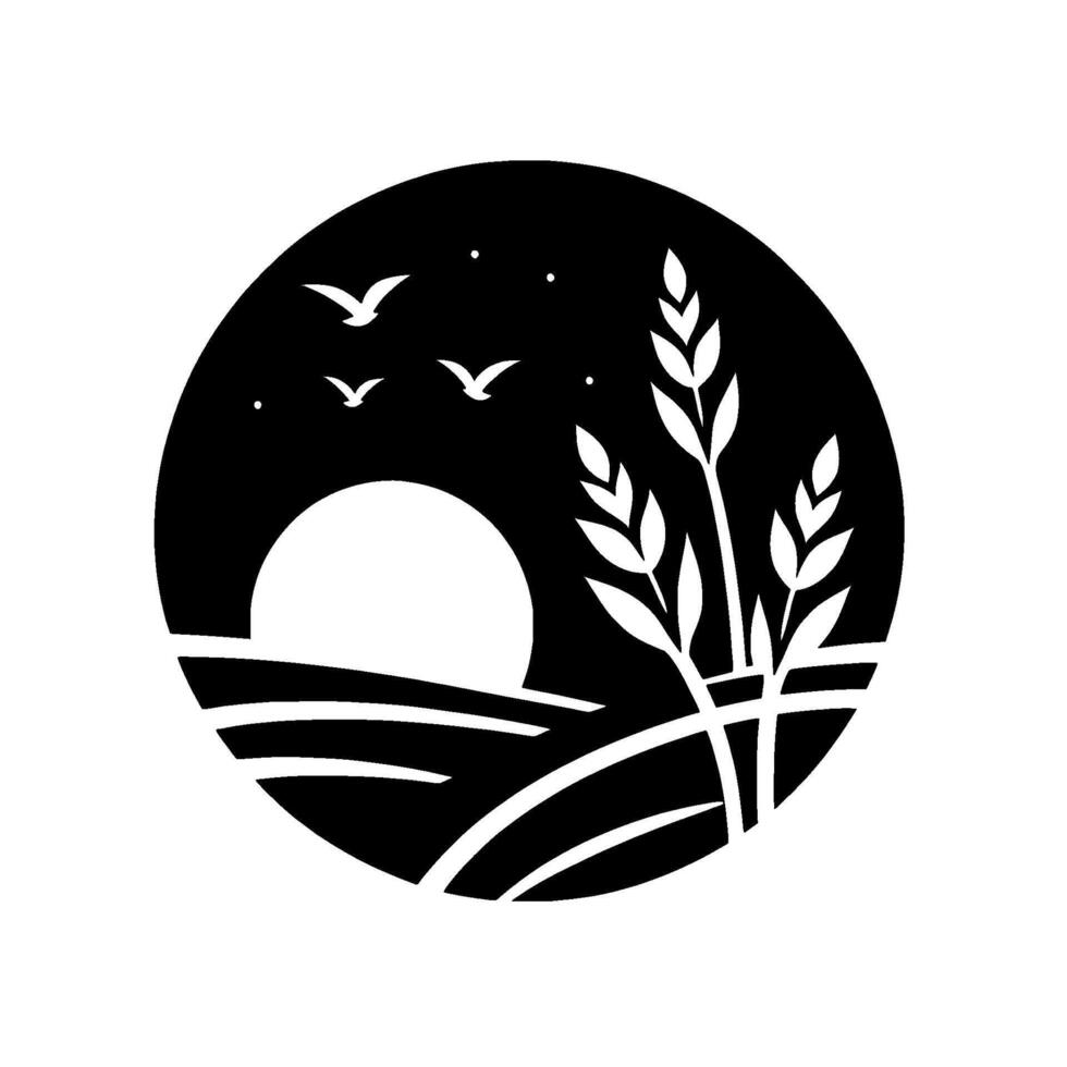 A serene black and white circular silhouette depicting a sunset over a field of wheat and soaring birds. vector