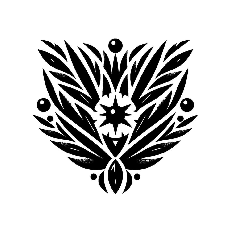 Intricate Black and White Abstract Floral Emblem with Starlike Center and Ornamental Leaf Designs, Symmetrical Composition. vector