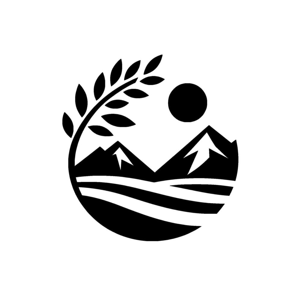 A serene, minimalist nature scene Mountain silhouette, sun, wheat sprig, and fields arranged in a circular emblem against a white backdrop. vector