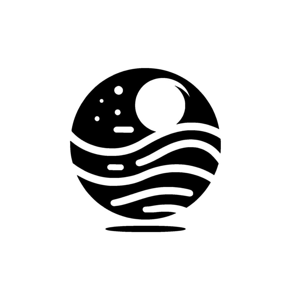 Minimalist Black and White Illustration Celestial sphere depicting moon, stars, and ocean waves, evoking serene tranquility. vector