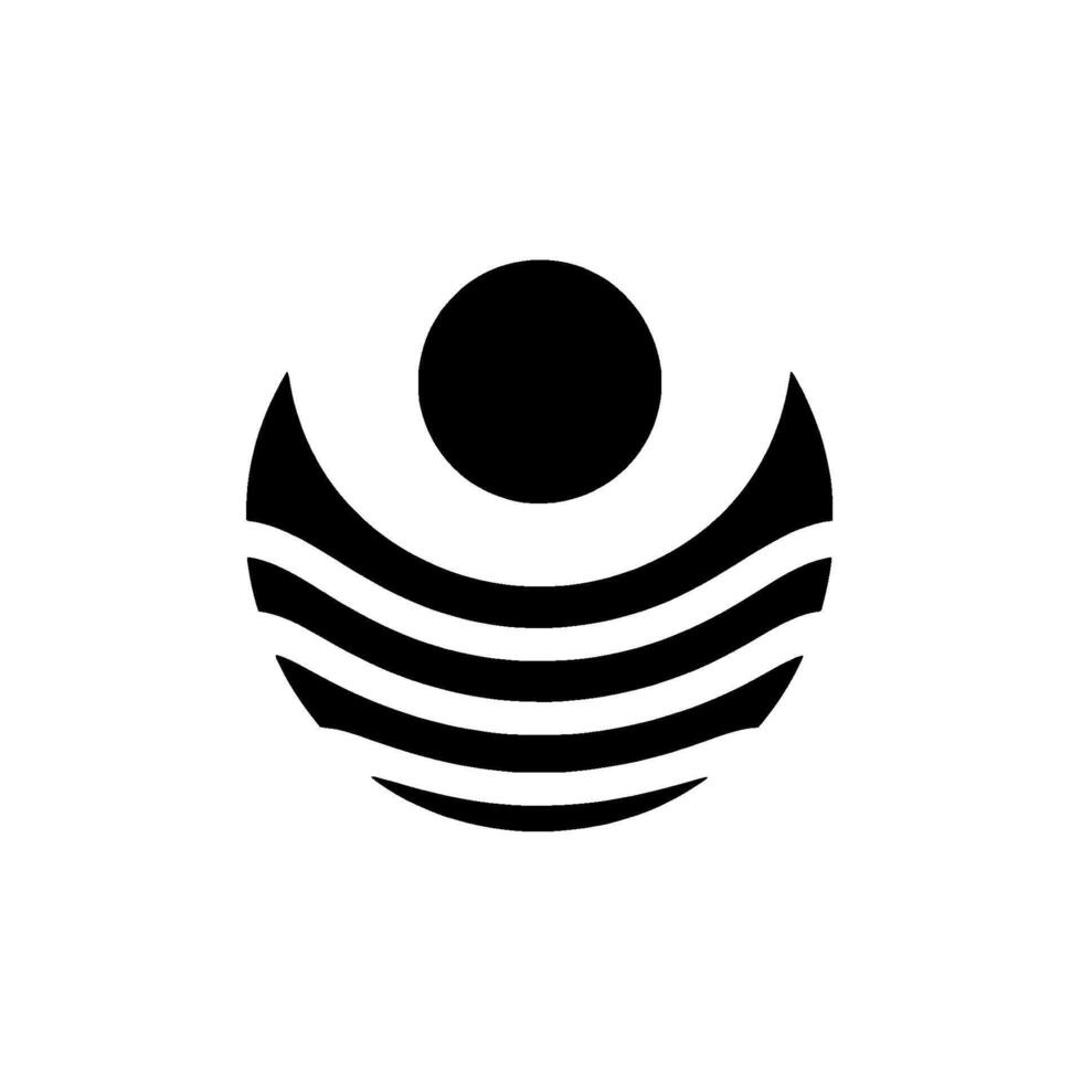 Abstract monochrome featuring a black circle atop a stylized, curved crescent shape with horizontal stripes, set against a clean white background. vector