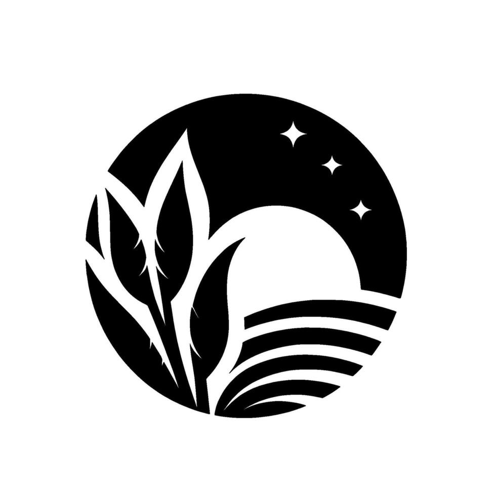 Minimalist Black White Logo Wheat Field Landscape within a Circle with Stars, Evoking Calm Serenity. vector