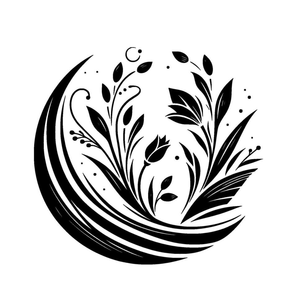 Elegant Black and White Floral Design A Circular Composition Featuring stylized leaves, blossoms, and graceful lines forming an intricate, balanced botanical artwork. vector