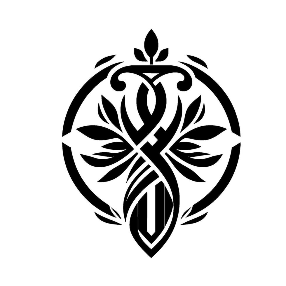 Intricate Black White Circular Emblem Floral Geometric Fusion, Minimalist with Leaves, Lines, and Symmetry. vector