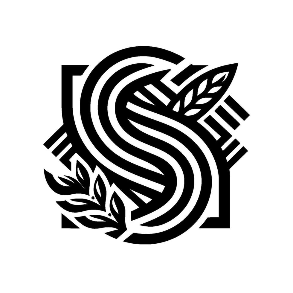 Elegant, geometric black and white featuring an S shape formed from striped lines, enclosed in a square with wheat and olive branch details. vector