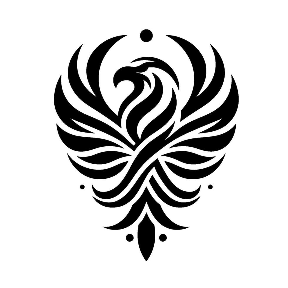 A symmetrical black and white emblem featuring a stylized phoenix with outstretched wings, geometric elements, and a minimalist aesthetic. vector