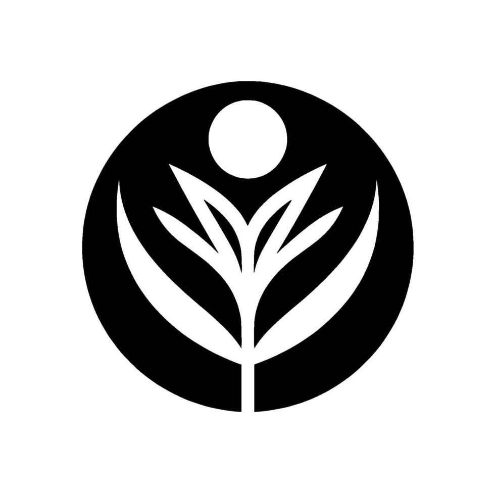 Minimalist Black and White Logo Floral Emblem in Circle, with a stylized plant and sun, evoking nature, harmony, and growth on a white background. vector