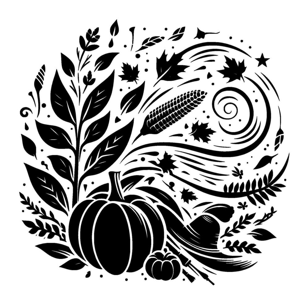 A stylized black and white illustration of a Thanksgiving harvest scene featuring a pumpkin, corn, leaves, and other seasonal elements. vector