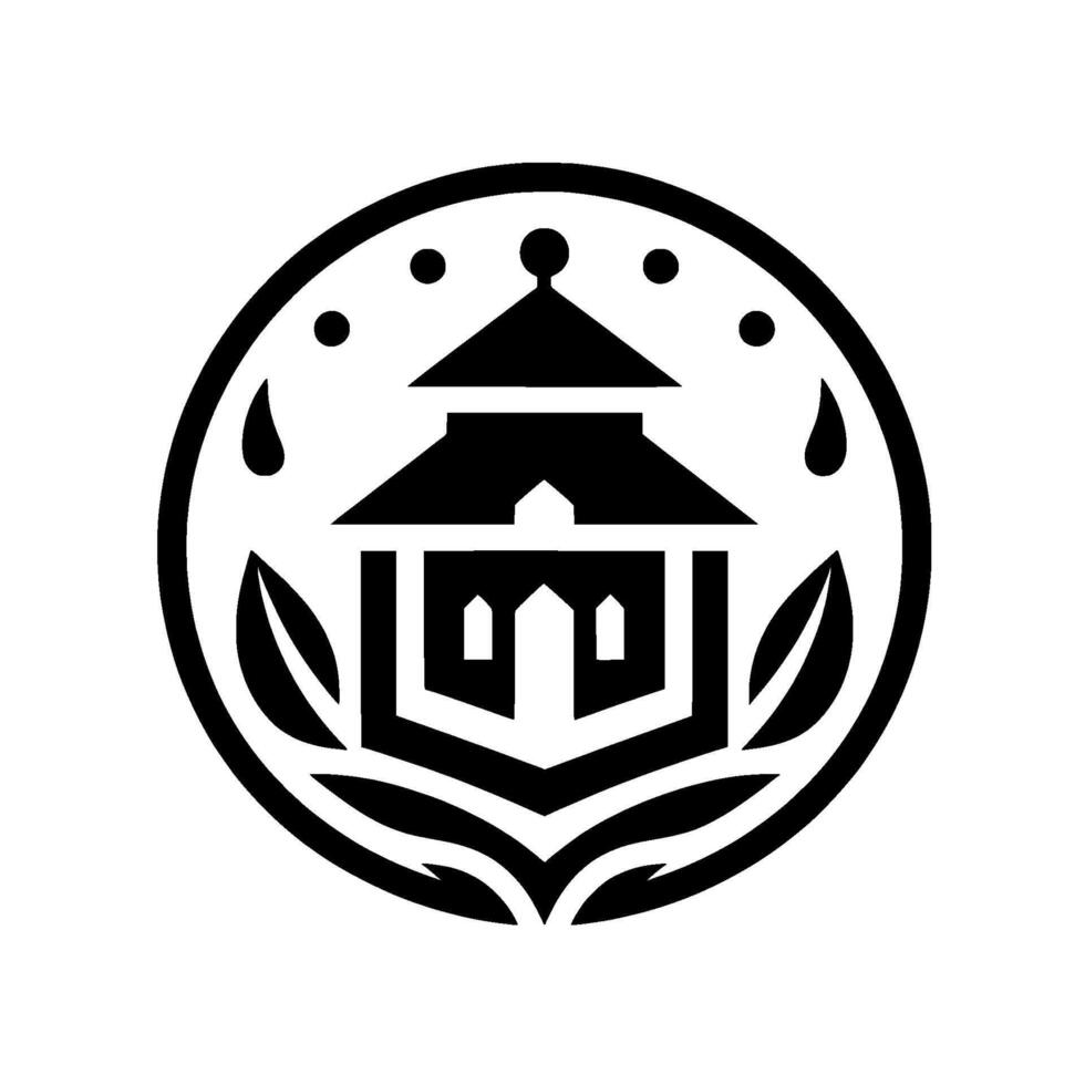A minimalist black and white featuring a pagodalike structure within a circular frame, with decorative elements such as leaves, dots, and teardrop shapes. vector