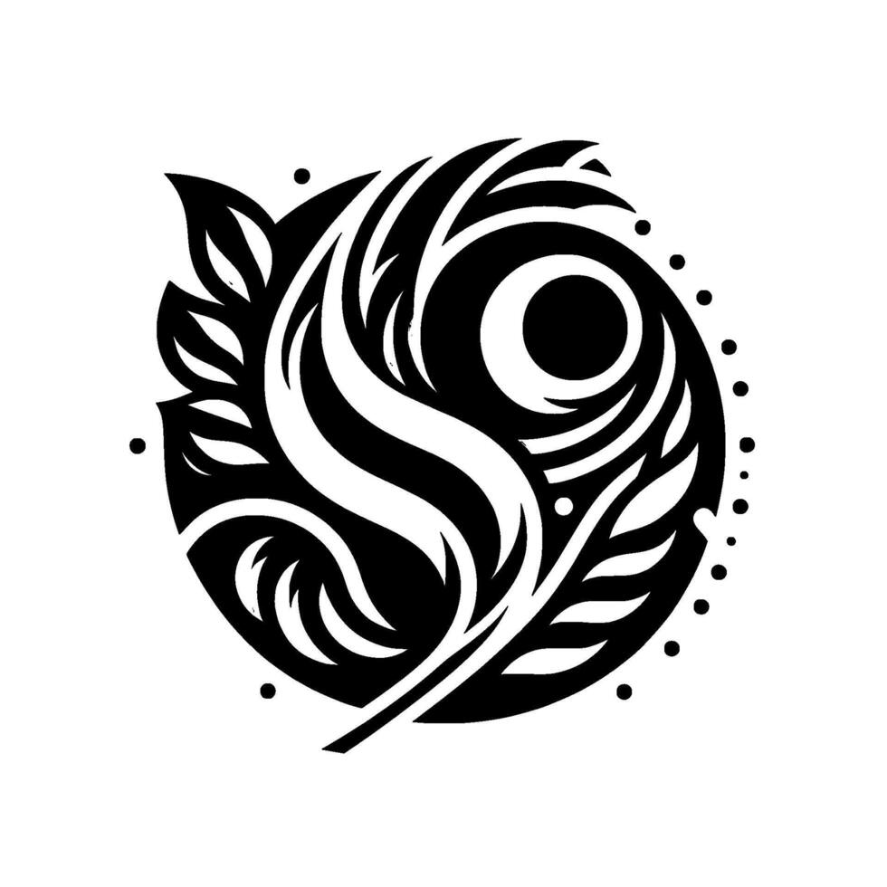 Intricate Black and White Floral Yin Yang Design, Circular Composition with Organic Leaf and Curve Motifs, Symmetrical Artistic Ornament, Minimalism. vector