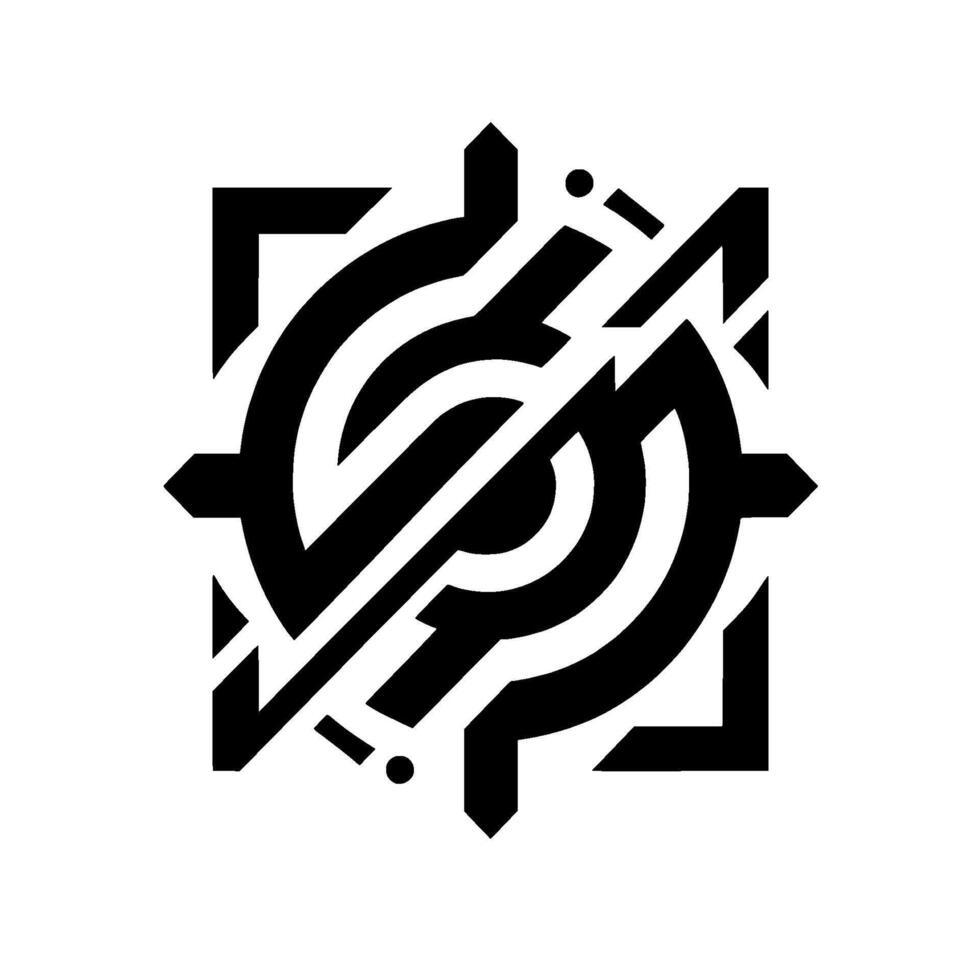 Abstract, geometric black and white emblem featuring a targetlike with a sliced circular core, surrounded by stylized arrows and lines, evoking precision and modernism. vector