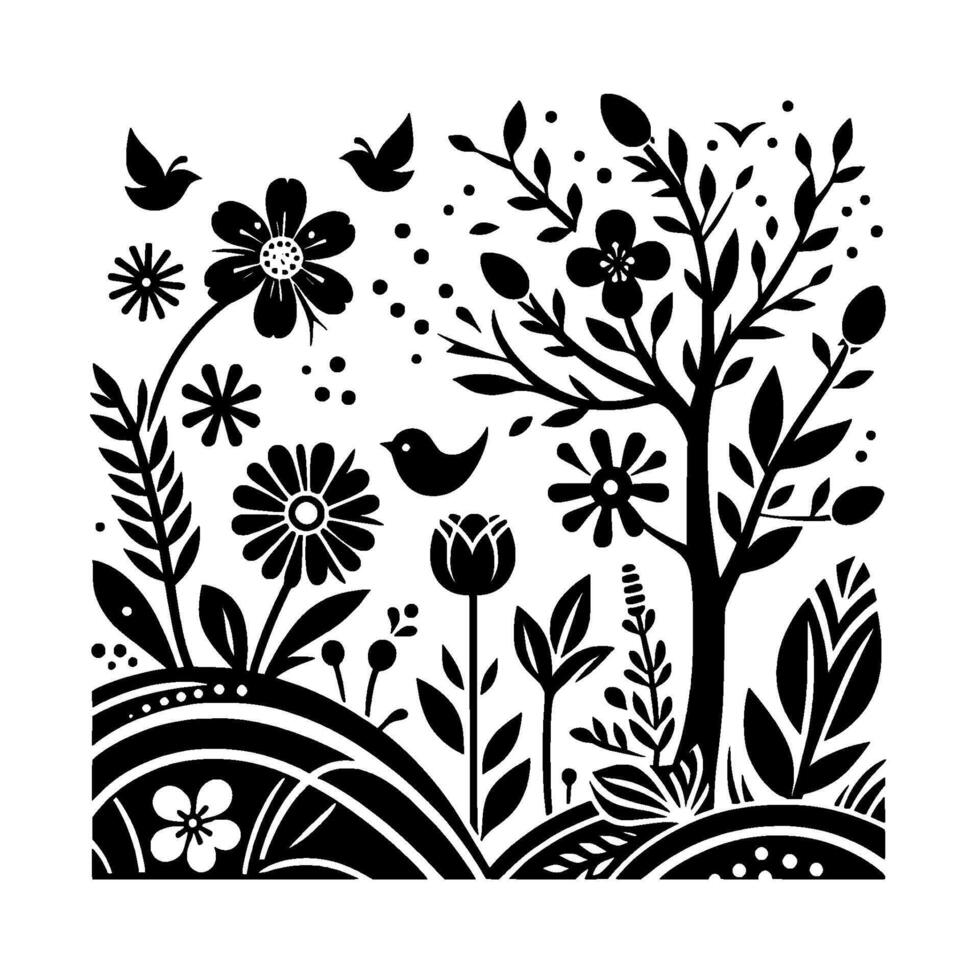 Black and White Floral Garden Illustration Featuring Birds, Trees, and Diverse Plant Life in a Stylized Design. vector