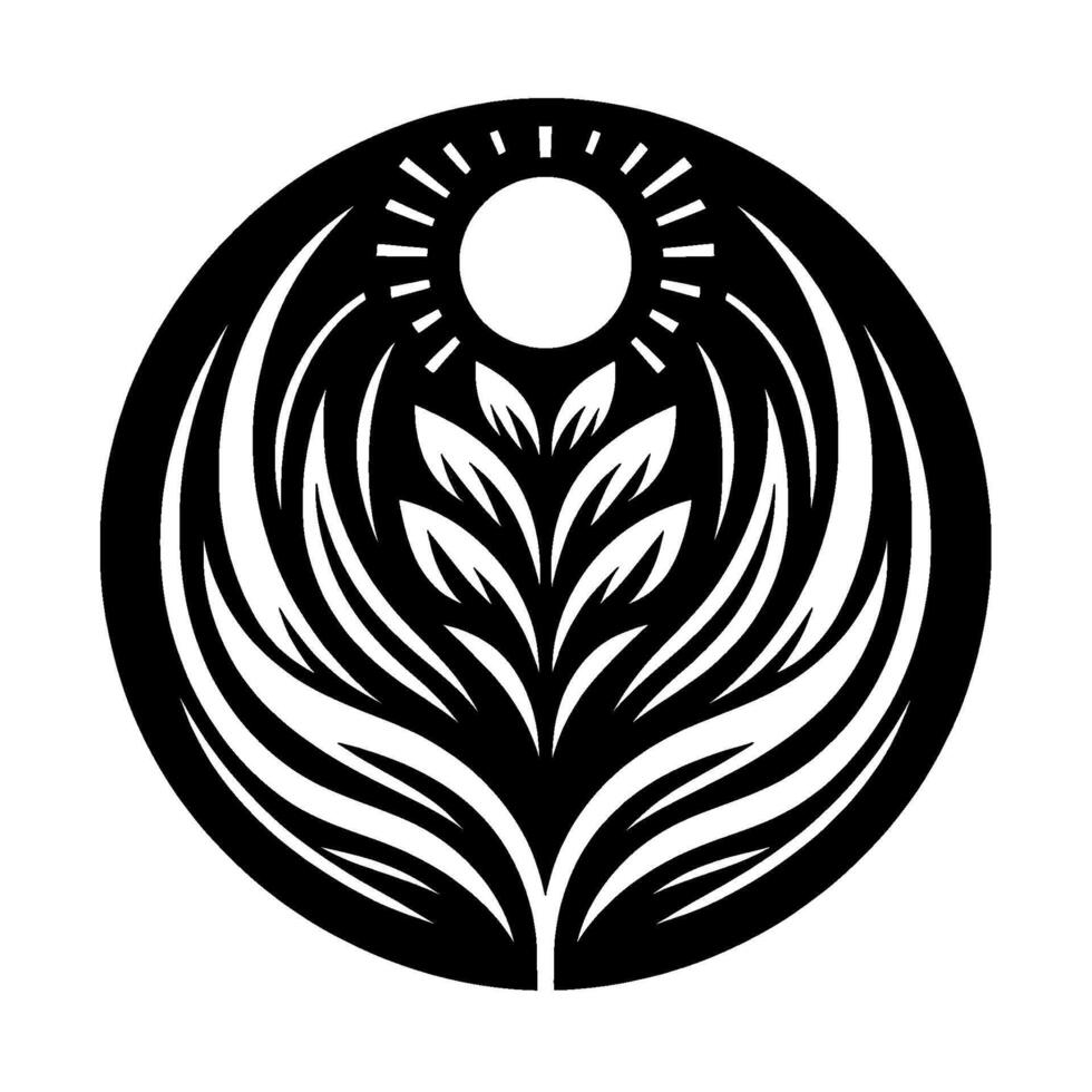 A stylized black and white circular emblem depicting a radiant sun over stylized plant life within a circle, creating a symmetrical and symbolic design. vector
