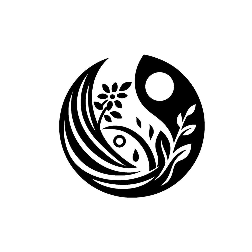 Black and white Yin Yang symbol with a flower, leaves, and a circle representing the sun, symbolizing balance and harmony. vector
