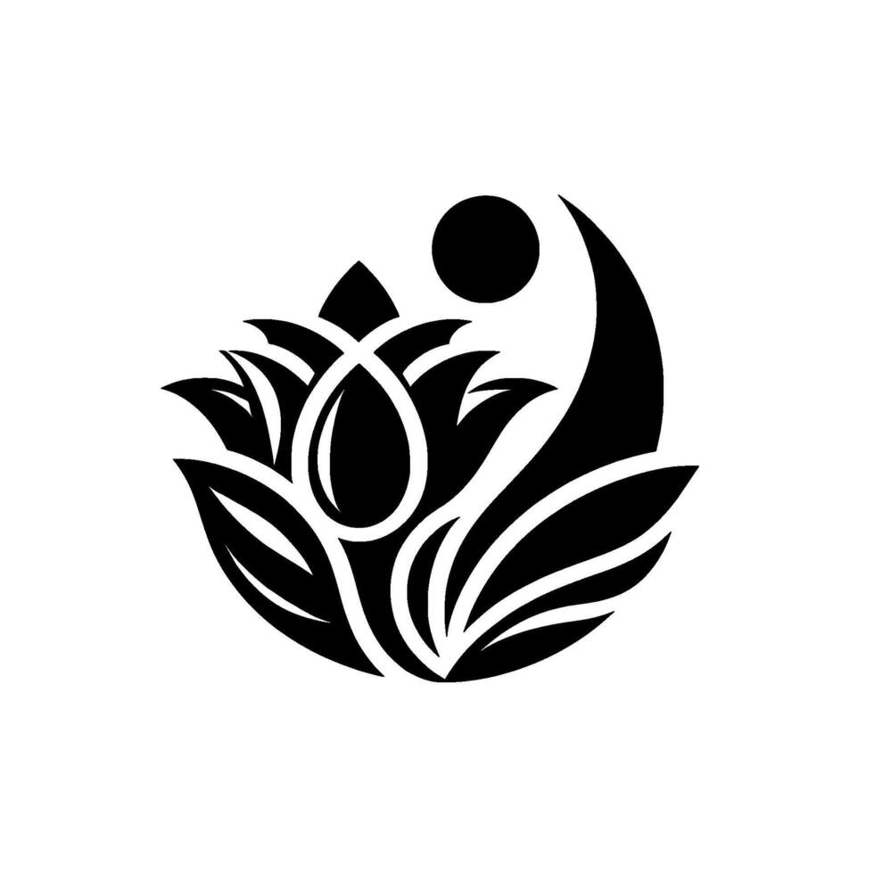 Elegant black and white stylized lotus with a teardrop element and a sun or moon, conveying harmony and balance, set against a plain white background. vector