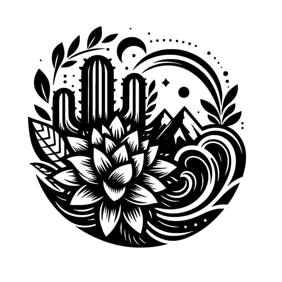 Intricate circular black and white illustration depicting a desert landscape with cacti, mountains, lotus, swirling water elements, and celestial accents. vector