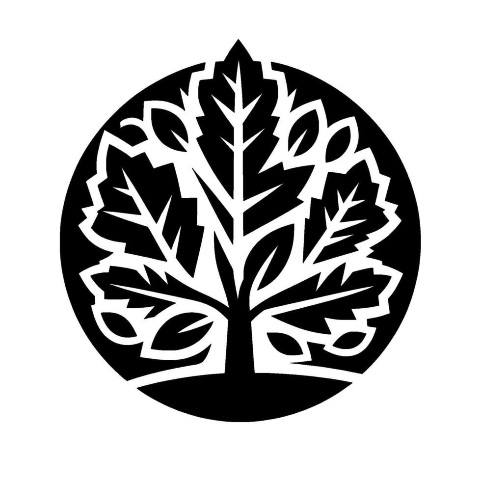 A stylized, black and white of a tree within a circle, featuring geometric and organic shapes, suggesting growth. vector