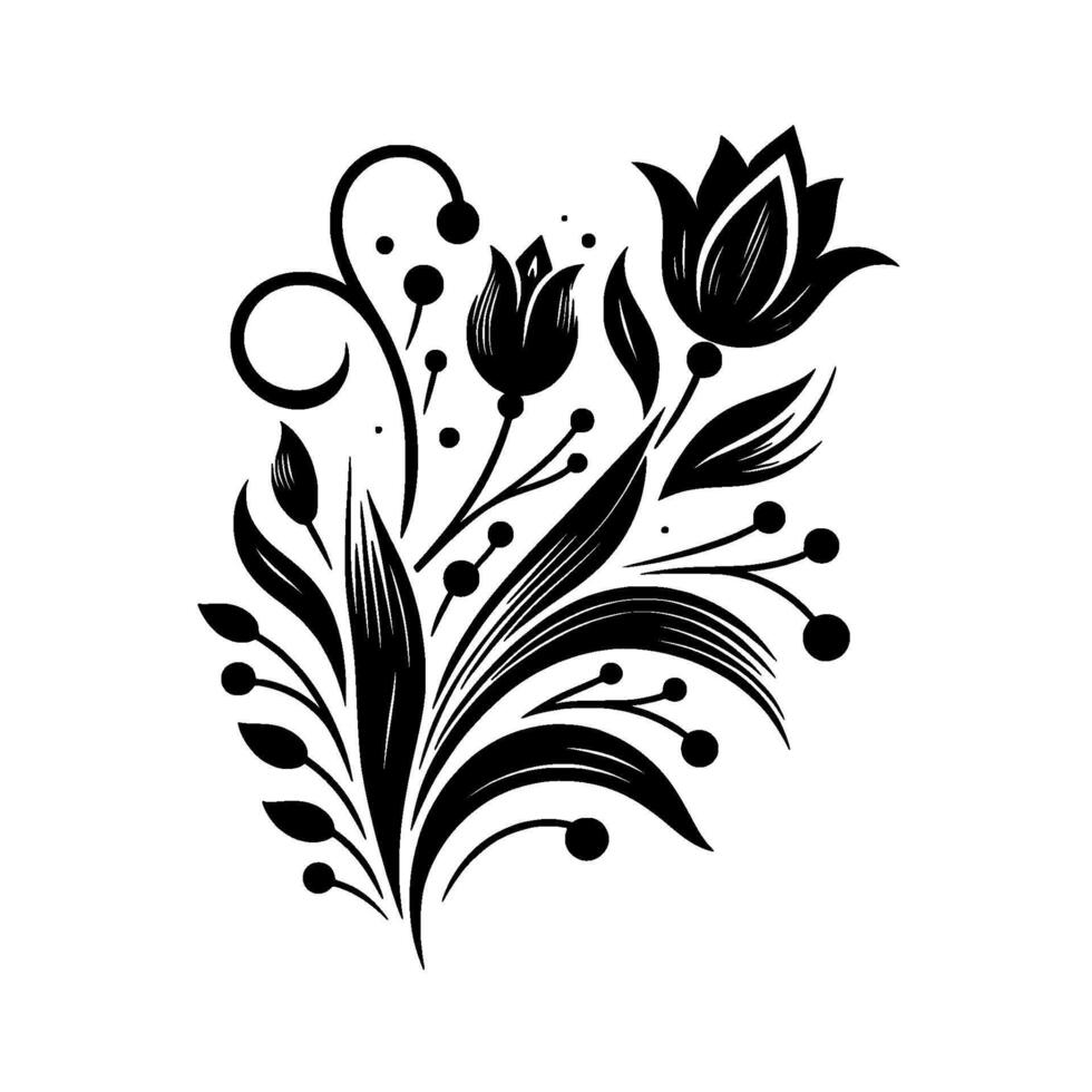 Elegant Black and White Floral Illustration Depicting Graceful Petals, Leaves, and Berries in a Decorative, Stylized Arrangement on a Clean White Background. vector