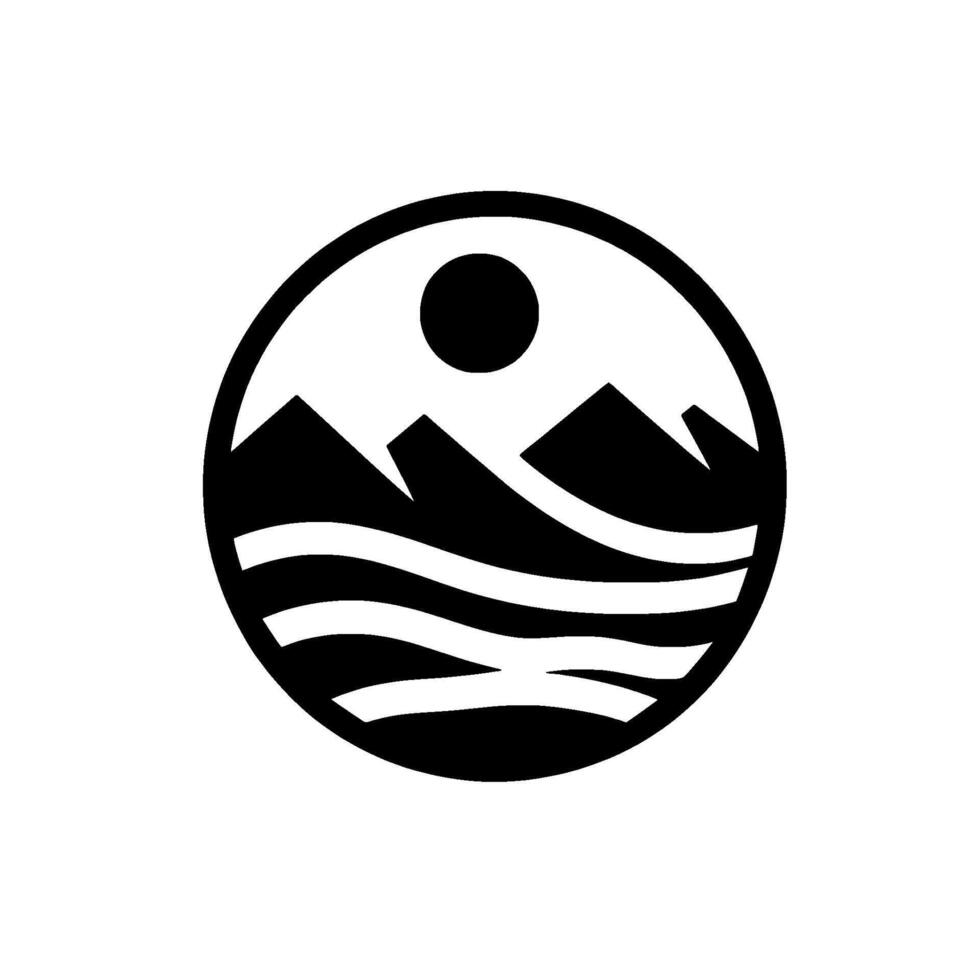 Circular Black and White Emblem Mountains, Waves, and Sun in a Minimalist, NatureInspired Design. vector