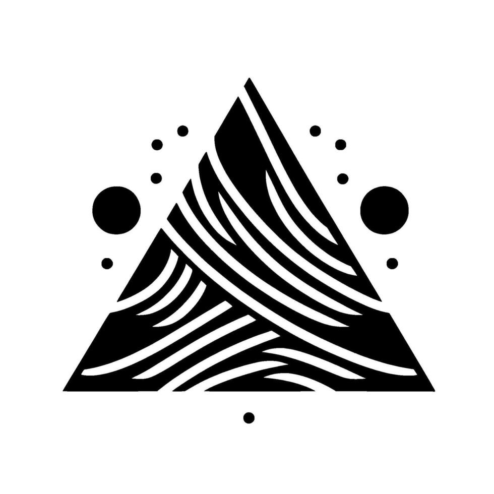 A minimalist black and white geometric composition featuring a triangle with wavelike patterns and scattered circles on a stark white background, evoking balance. vector