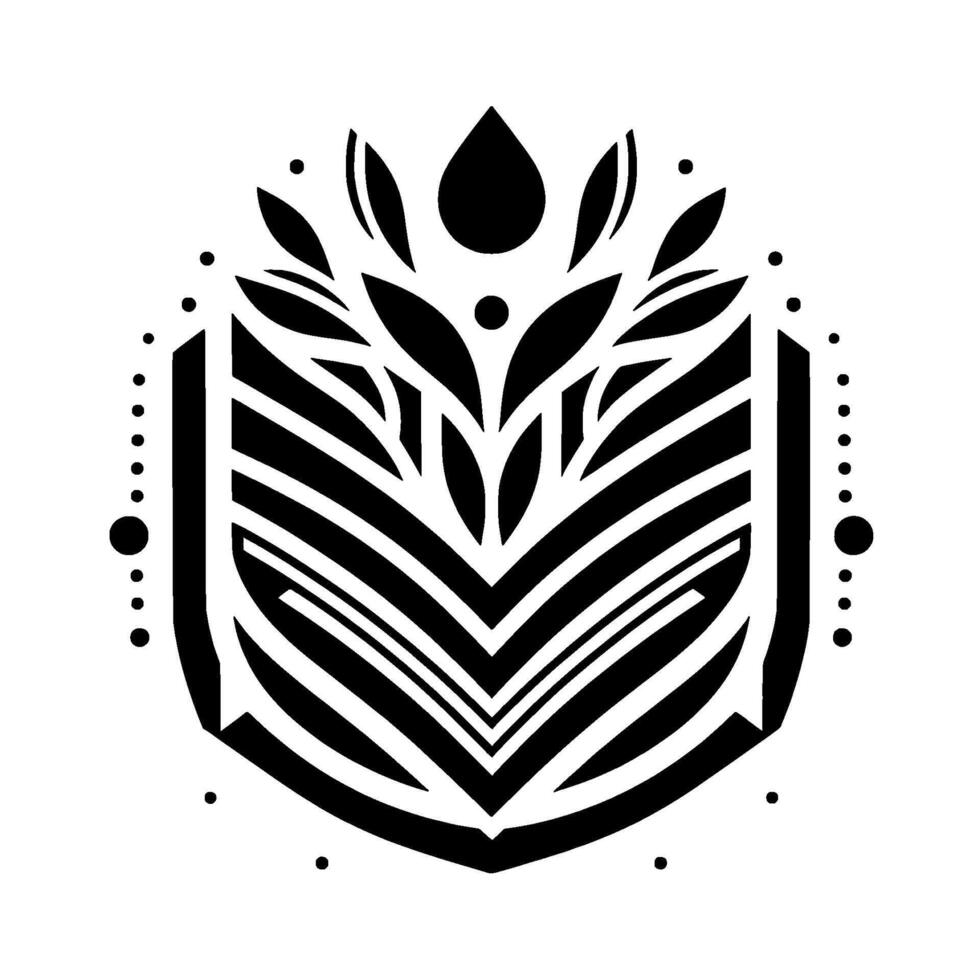 A symmetric, geometric emblem featuring stylized foliage with a central teardrop, surrounded by a bold, black and white design. vector