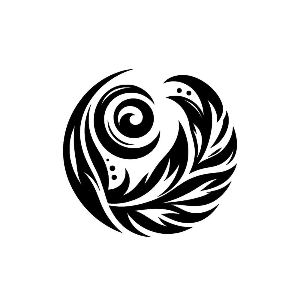Intricate Black and White Circular Featuring Swirls, Feathery Shapes, and Dot Accents on a Clean White Backdrop. vector