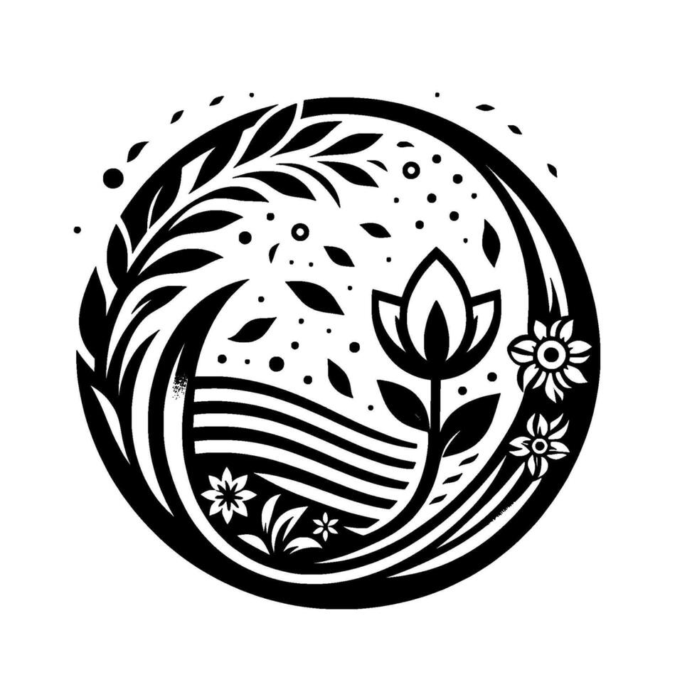 Black White Floral Mandala Stylized botanical illustration with a central tulip, wavy landscape, and a wreathlike arrangement of leaves, dots, and flowers. vector