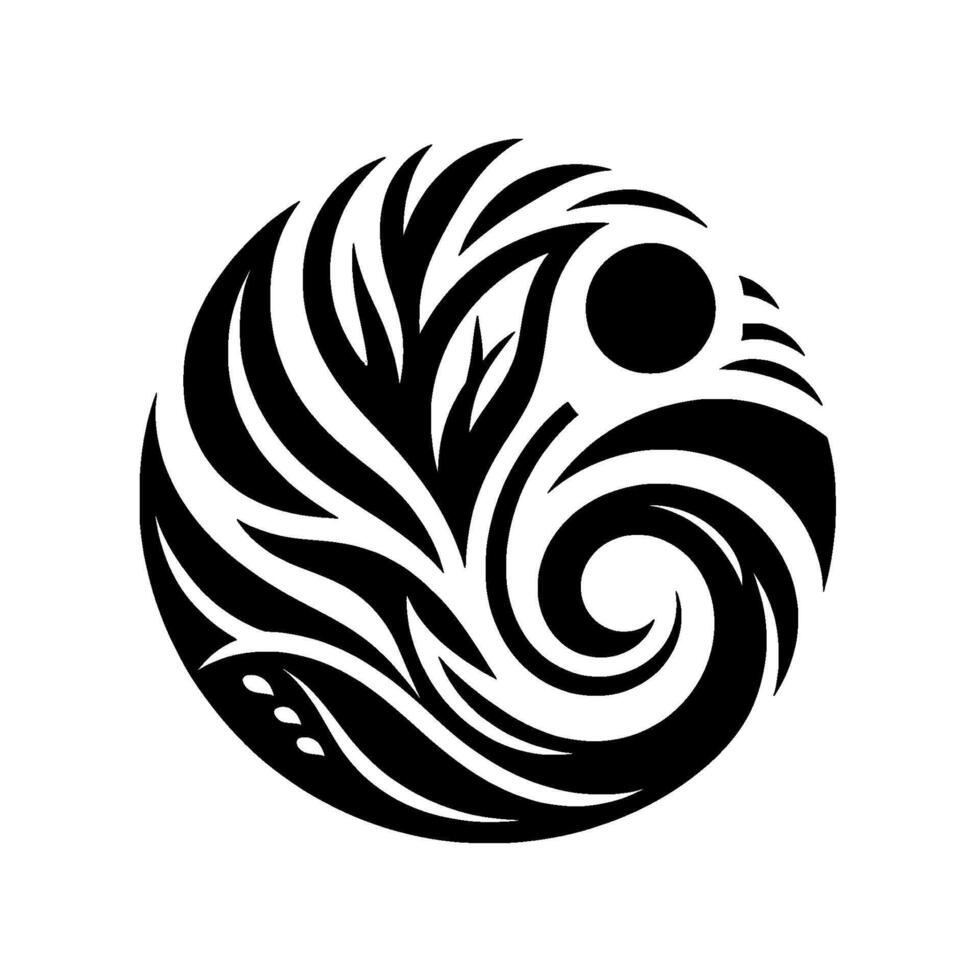 Circular Black and White Tribal with Swirls, Leaves, and a Central Dot, on a Solid White Background. vector