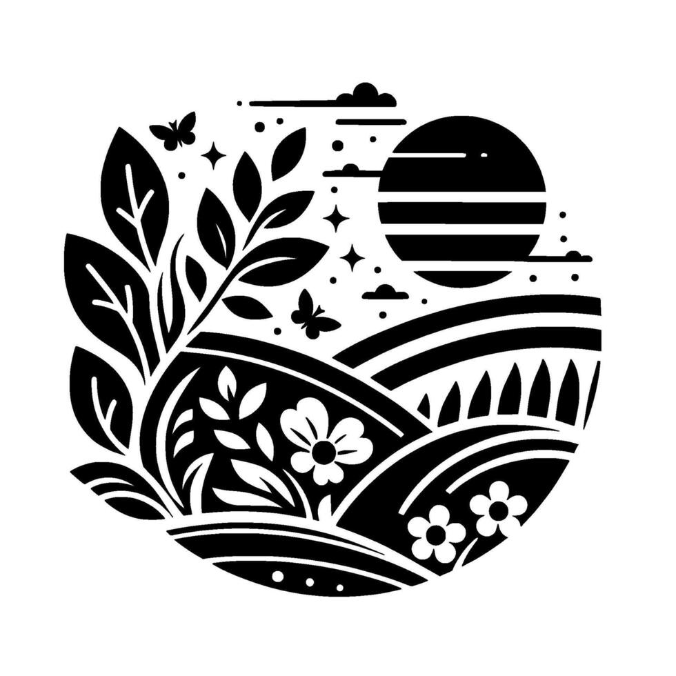 A stylized black and white circular illustration depicts a tranquil landscape with leaves, flowers, butterflies, hills, a striped sun, clouds, and stars. vector