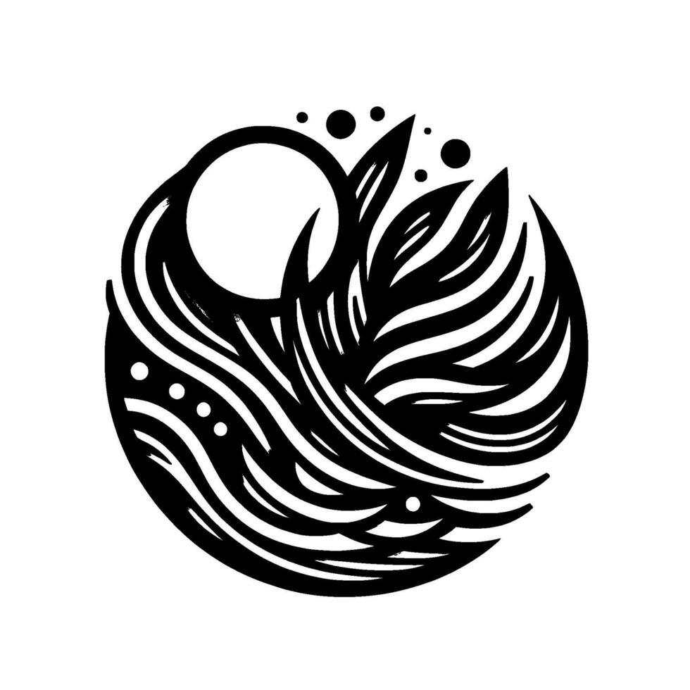 Intricate Black and White Circular Featuring Stylized Leaves, Waves, and Dots, Suggesting Natures Harmony. vector