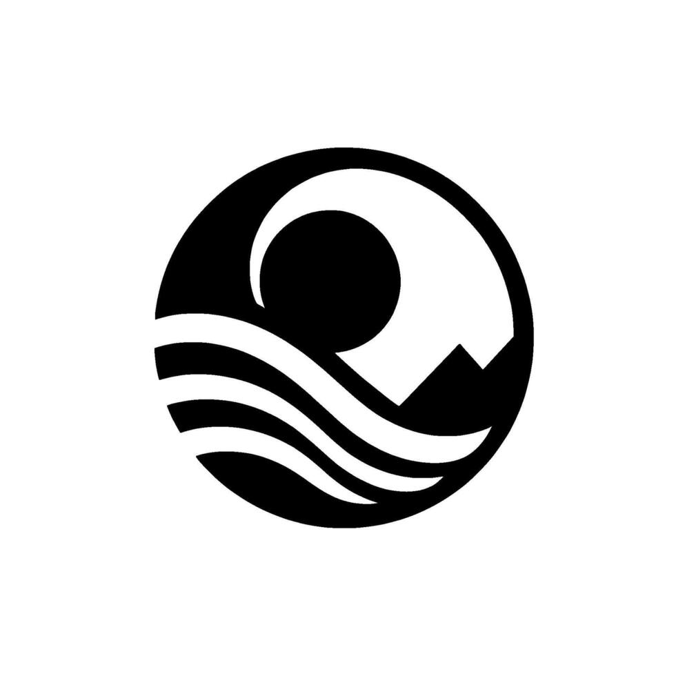 Minimalist circular featuring a black sun, a curved white wave, and a mountain, against a white background. vector